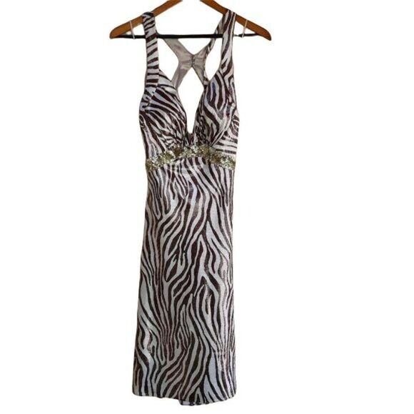 Y2K La Femme Racerback Dress 10 Formal Metallic Bronze Zebra Plunging V Strappy - Picture 2 of 11